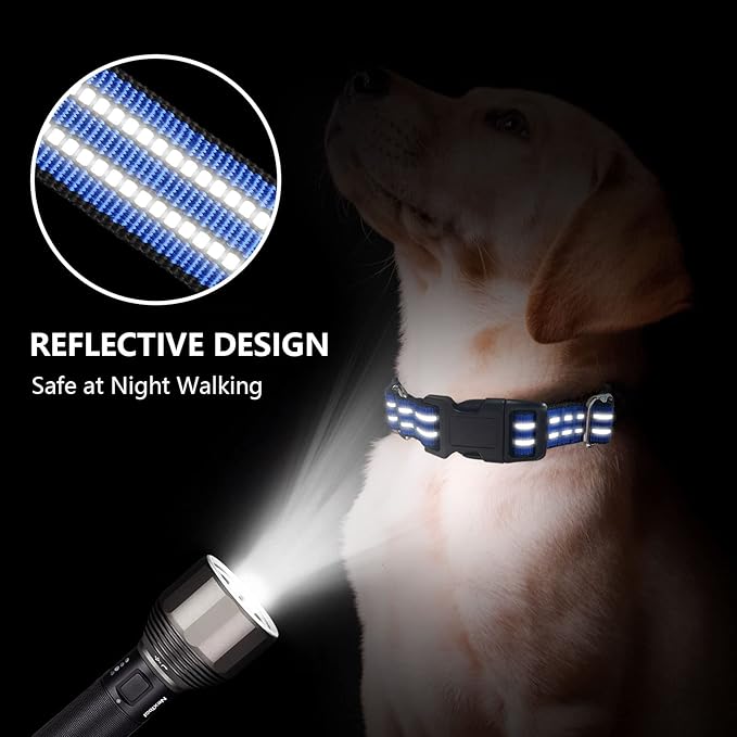 Hikiko Martingale Collar for Dogs Reflective Nylon Dog Collar with Quick Release Buckle Adjustable Training No Slip Dog Collar (Large, Blue)