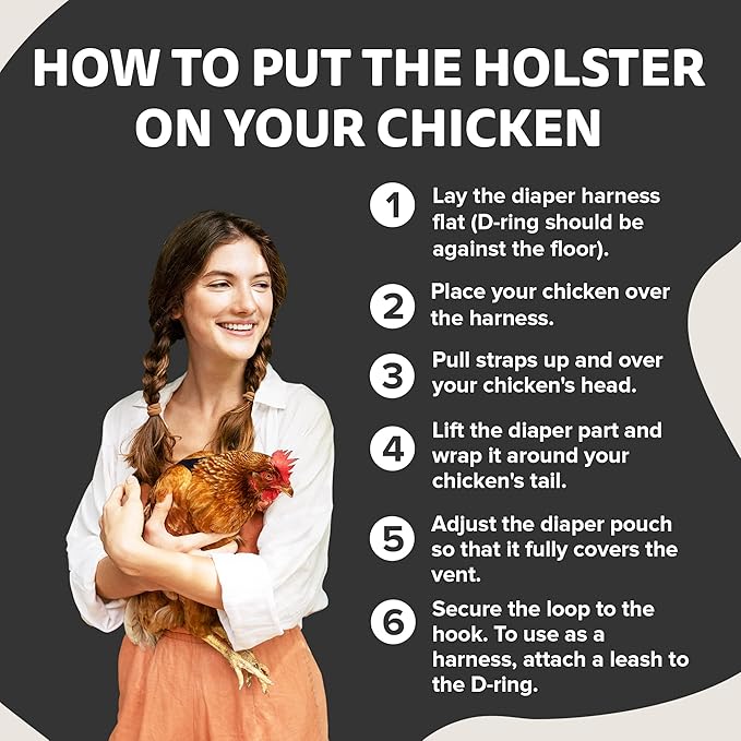 Hen Holster Bird Diaper, Wrap Around - for Hens, Roosters, Ducks, Leak-Proof Design, Comfortable Fleece Strap Bird Harness with Sewn-in Liner, Secure Hook and Loop Closure - XL, Black