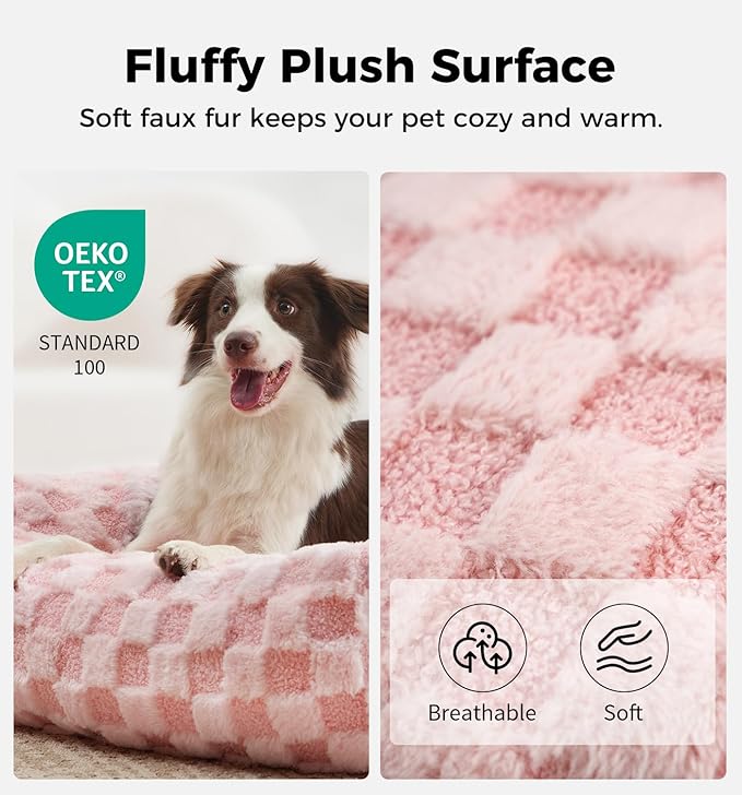 Made4Pets Cat and Dog Indoor Couch Bed, Soft Faux Fur Checkered Pet Sofa, Cozy Fluffy Pet Sofa with Supportive Foam, Removable Washable Cover with Non-Slip Base, Pink, Medium