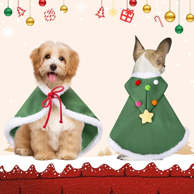 Cat Christmas Cape, Dog Soft Thick Xmas Cloak with Velvet Stars Hat, Pets Christmas Costume Dogs Cats Santa Claus Outfits for Goose Rabbit, S