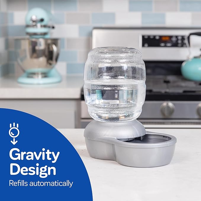 Petmate Replendish Automatic Gravity Waterer for Cats and Dogs, BPA-Free, No Batteries Required, Includes Charcoal Filter, 0.5 Gallon,Silver