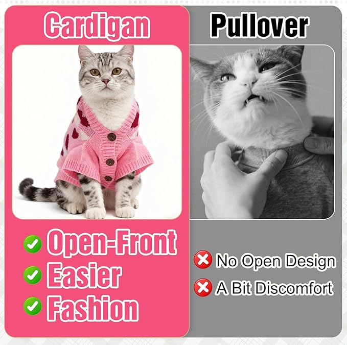 EXPAWLORER Cat Valentines Outfit Sweater Cardigan - Valentine's Day Knit Cat Clothes, Soft Puppy Sweater with Sleeve, Cute Warm Pet Clothing Knitwear, Kitten Coat for Girl Boy Cats, Love Heart M