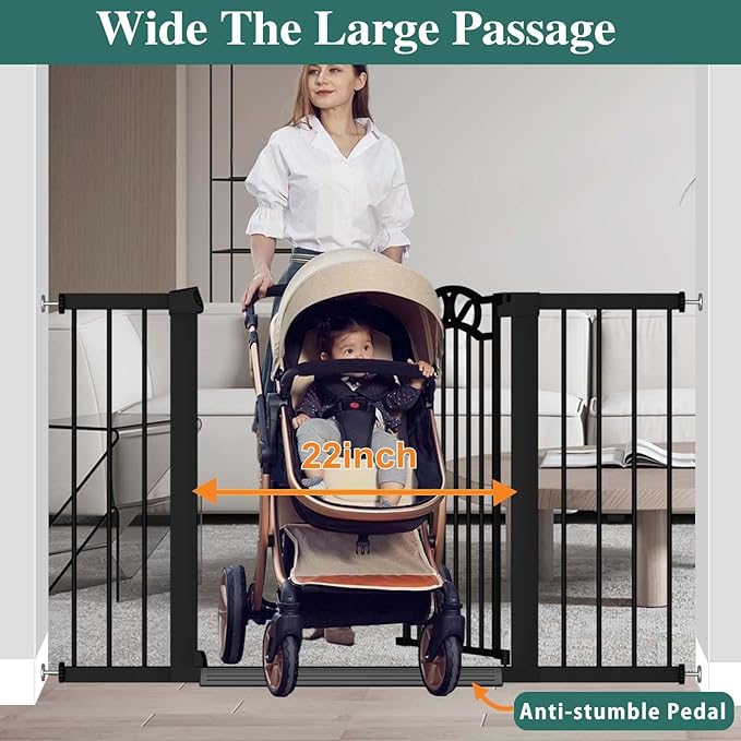 Fairy Baby 54.4"-57.0" Extra Wide Baby Gate with Door, 55 56 57 Inches Walk THR Baby Gates for Stairs Pressure Mounted no Drill, Indoor Tension Metal Child Pet Dog Safety Gate for Kids, Black