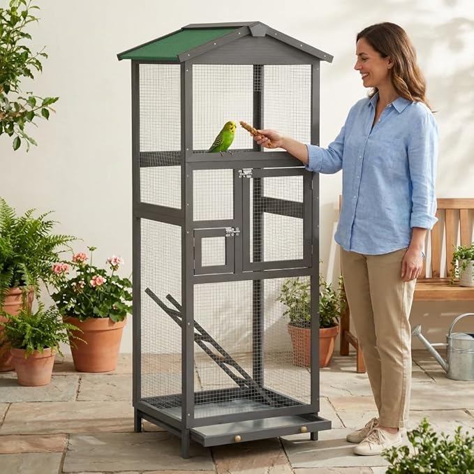 Indoor and Outdoor Aviary House, Wooden birdcages Bird Cage with Pull Out Tray and Wooden Bird cage Two Doors, Spacious Multi-Level Design for Small Birds Like Parakeets, Canaries