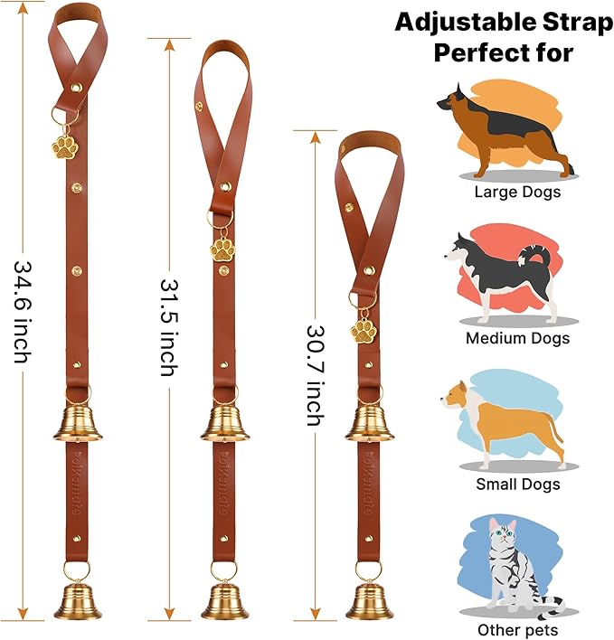 FOLKSMATE Leather Dog Door Bells for Potty Training, Big Brass Puppy Dog Door Bells Extra Loud for Dogs Training, Housebreaking, Door Knob, Dog Bell to Ring to Go Outside Puppy Pet Supplies Leather