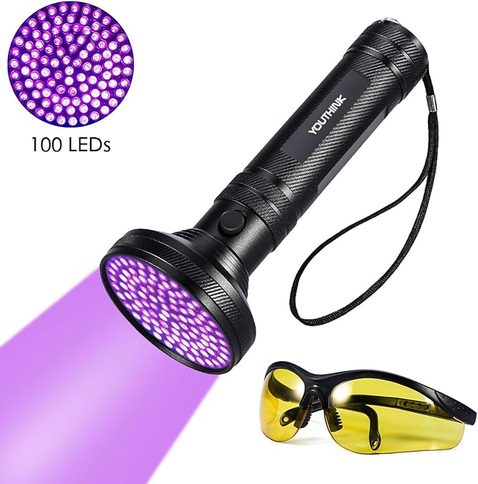 Fdit Black Light Flashlight, 100 LED UV Blacklight, Pet Urine Detector with Sunglasses, Aluminum Alloy, 395nm
