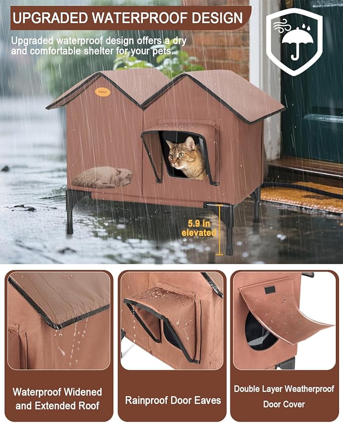 Heated Cat House for Outside Cats in Winter, Large Insulated Heated Outdoor Cat House Weatherproof with Elevated Base & Escape Door, Waterproof Cat Shelter for Multiple Cats Feral Stray Barn Kitty