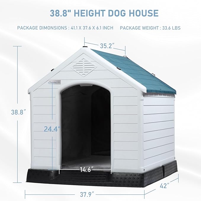 LEMBERI Durable Waterproof Plastic Dog House for Small to Large Sized Dogs, Indoor Outdoor Doghouse Insulated Puppy Shelter with Elevated Floor, Easy to Assemble (Blue with Liner, 42''L*38''W*39''H)
