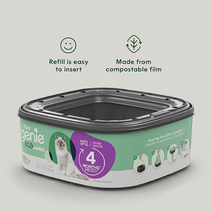 Litter Genie Eco Refills | Compostable Cat Litter Bags Jumbo 1-pack | Up to 4 Months of Supply in 1 Cartridge