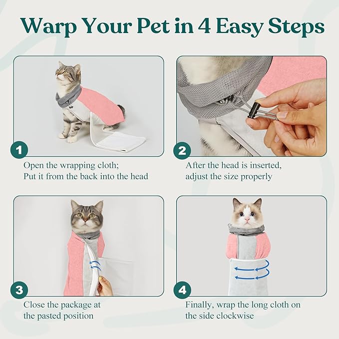Supet Cat Grooming Wrap for Cutting Nails, Self-Adhesive Anti-Scratch Swaddle with Bite-Proof Mesh Hood & Thick Waist Strap Anti-Escape Bag for Nail Trimming, Medication, Ear Cleaning (Pink S)