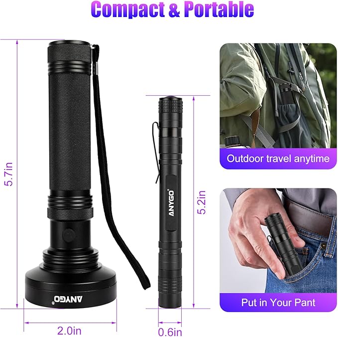 2-in-1 UV Flashlight Set: 100 LED 395nm Black Light for Pet Urine, Bed Bugs, Dust & Invisible Stains| 3W 365nm Mini UV Penlight for Precision Detection