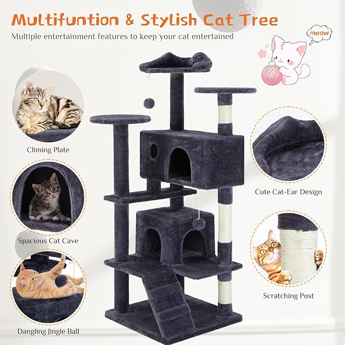 Sweetcrispy 54 Inch Cat Tree Tower, Multi-Level Tower with Cat Scratching Post, Indoor Cat Condo with Climbing Ladder, Plush Toy, Play House for Cat, Dark Grey