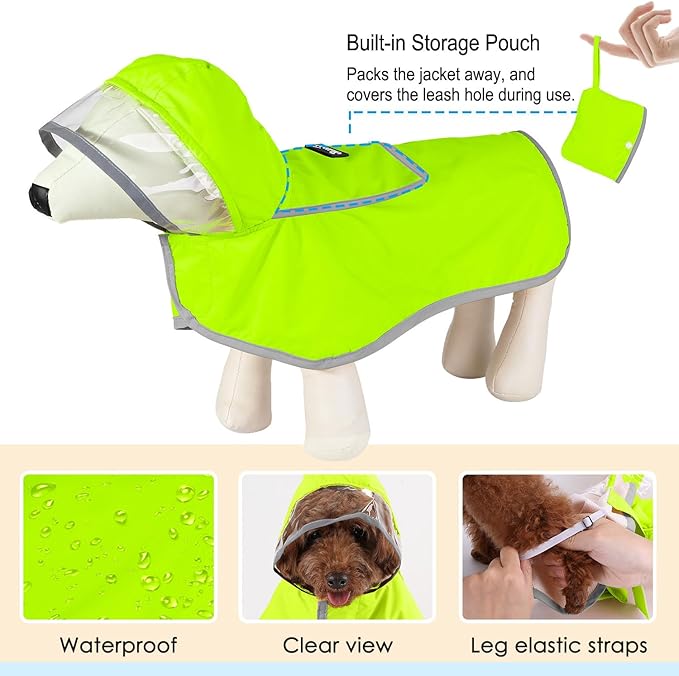 Lukovee Dog Raincoat, Adjustable Dog Rain Jacket with Clear Hooded Double Layer for Large Medium Small Dogs Puppies, Waterproof Rain Coat Poncho with Reflective Storage Pocket & Rim (Green, XS)