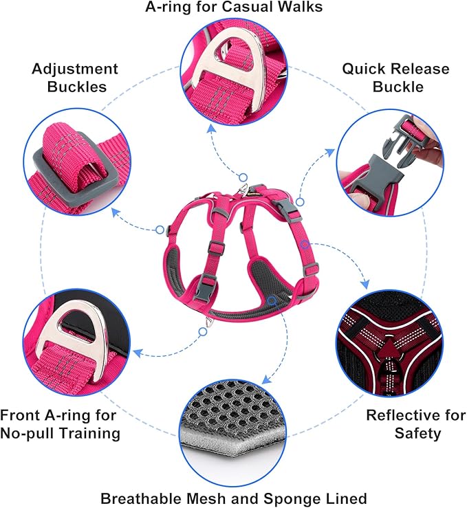 Plutus Pet No Pull Dog Harness, Release at Neck, Soft Padded, Reflective Adjustable Dog Vest Harness for Small, Medium, Large Dogs(Hot Pink, L)