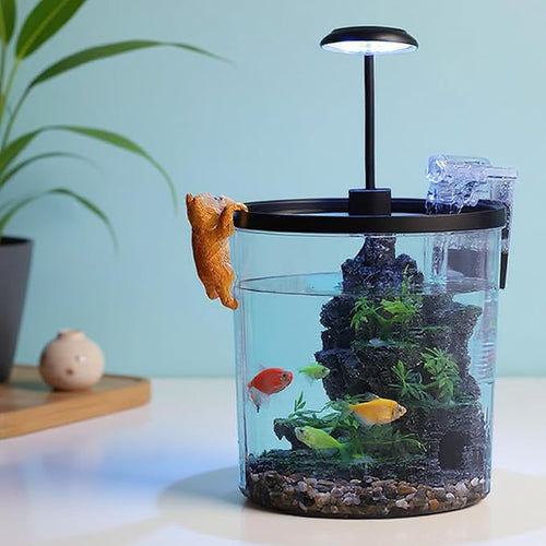1.5 Gallon Small Fish Tank with Filter & LED Light, Desktop Aquarium Kit with Oxygen Pump & Decor, All-in-One Ecosystem Fish Bowl for Betta, Goldfish, Office, Home Decor