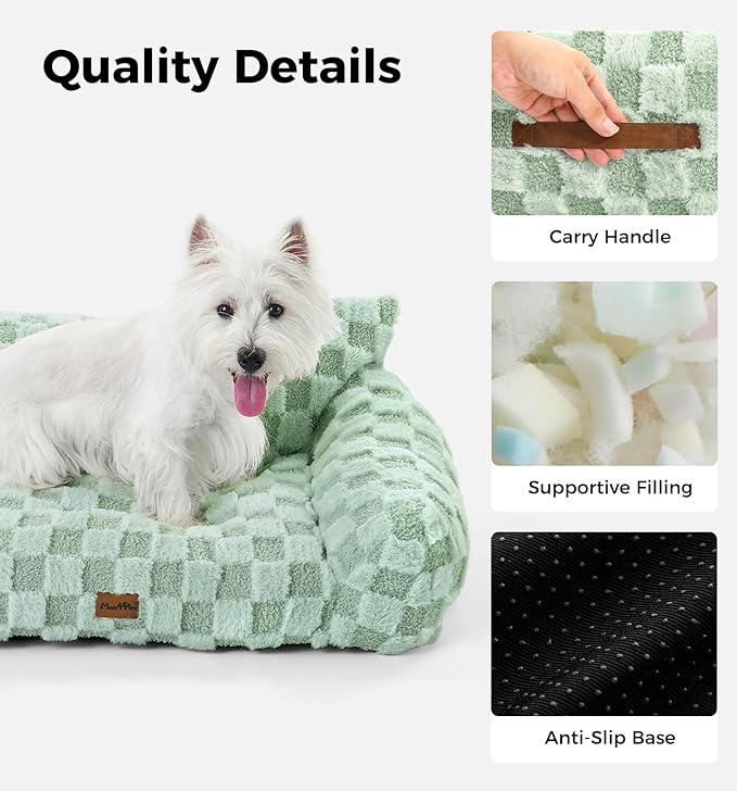 Made4Pets Cat and Dog Indoor Couch Bed, Soft Faux Fur Checkered Pet Sofa, Cozy Fluffy Pet Sofa with Supportive Foam, Removable Washable Cover with Non-Slip Base, Sage Green, Medium