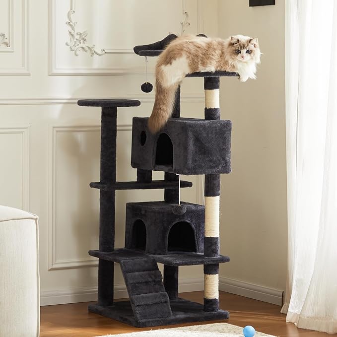 Sweetcrispy 54 Inch Cat Tree Tower, Multi-Level with Cat Scratching Post, Indoor Cat Condo with Climbing Ladder, Plush Toy, Play House for Cat, Dark Grey