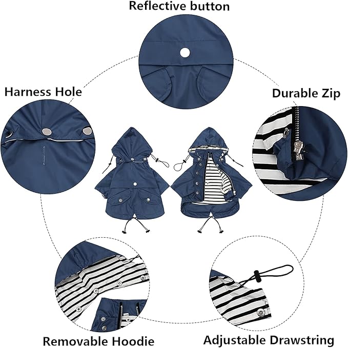 Morezi Dog Zip Up Raincoat with Reflective Buttons, Rain/Water Resistant, Adjustable Drawstring, Removable Hood, Raincoats with Legs 8lbs to 80lbs Available - Dark Blue - L