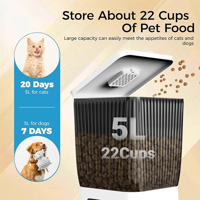 Automatic Cat Feeder with Camera, 5L Smart Dog Food Dispenser with App Control, 1080P Night Vision, Two-Way Audio. 22 Cups Large Hopper, Motion Detection, Timer (5L Single Bowl)