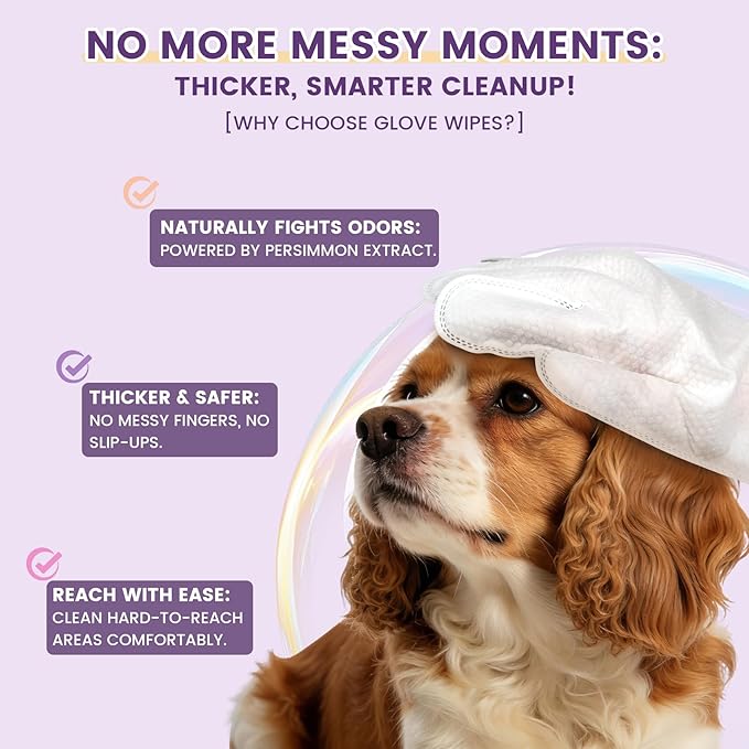 100 Pcs Cleaning Deodorizing Pet Glove Wipes for Dogs & Cats, Hypoallergenic Dog Bath Wipes with Natural Deodorizer Persimmon Tannin, Pet Bathing Wipes for Horse Coat Care Lavender Scent