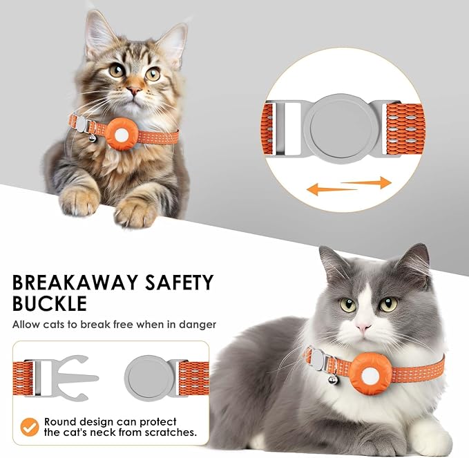 GPS Tracker for Cats, Cat GPS Tracker, Compatible with Apple Find My App (Only iOS), No Monthly Fee, Waterproof (White Tracker, Orange Cat Collar)