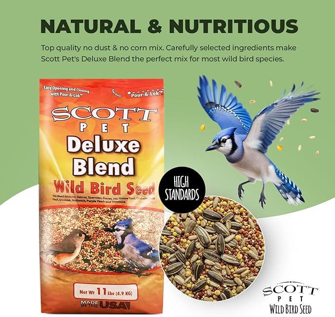 Scott Pet Wild Bird Seed, Deluxe Blend, 11 lbs Bag, No Dust, No Corn Mix, Feed, Great for All Feeder Types, Food for Outside Wild Birds
