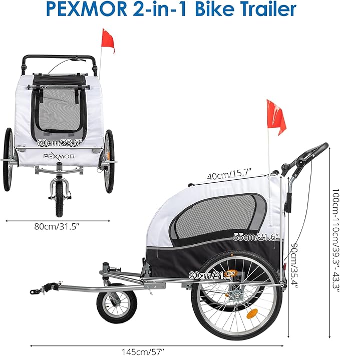 PEXMOR 2-in-1 Dog Bike Trailer, Pet Stroller Bike Trailer for Dogs w/Universal Hitch, Dog Cart for Bicycle Wagon Cargo Carrier w/Shock Absorber & Universal Wheel