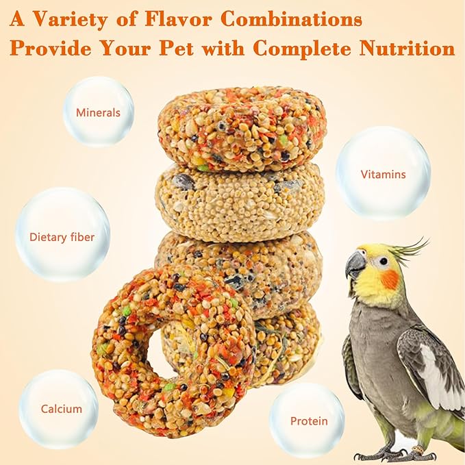 Fhiny Parakeet Treats, 8 PCS Donut Shaped Natural Grain Cockatiel Food with Fruits Vegetables Flowers and Herbs for Parrot Conure Lovebird Training Rewards and Beak Grinding