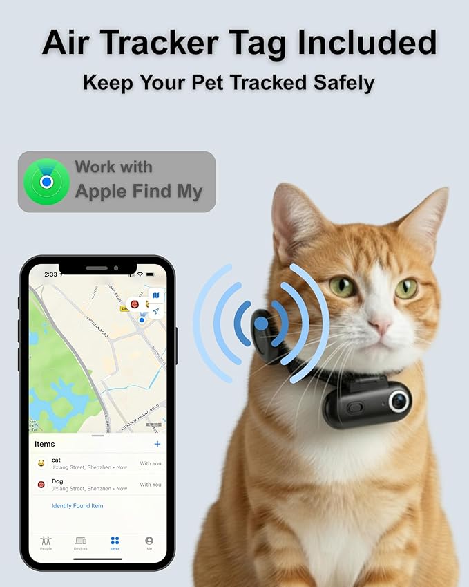 Cat Camera Collar with Tracker Tag, 1080P HD Video Recording, Check Video on Phone APP, XS-Size Pet POV Cam for Cats & Small Dogs, Mini Body Cameras for Pets（No SD Card Included
