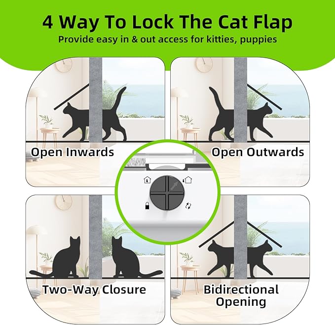 Cat Door for Window, Aluminum Cat Door Window Insert with 4 Secure Lock Modes, Magnectic Closure for Cats, Fit Window Width 32"-36", White