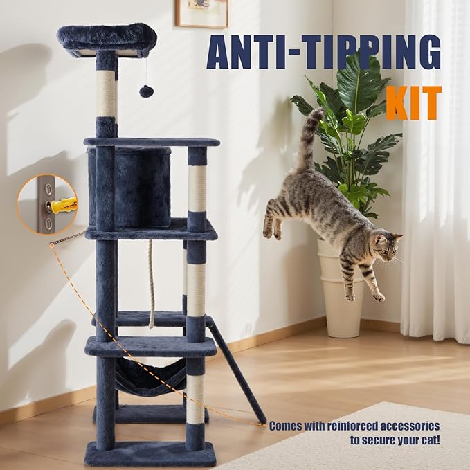 Sweetcrispy 63 inch Cat Tree Tower, Large Multi Level Cat Climbing Tower with Condo, Natural Sisal Scratching Posts, Extended Platform, Hammock, Pet House for Indoor Cats and Kittens Play, Dark Grey