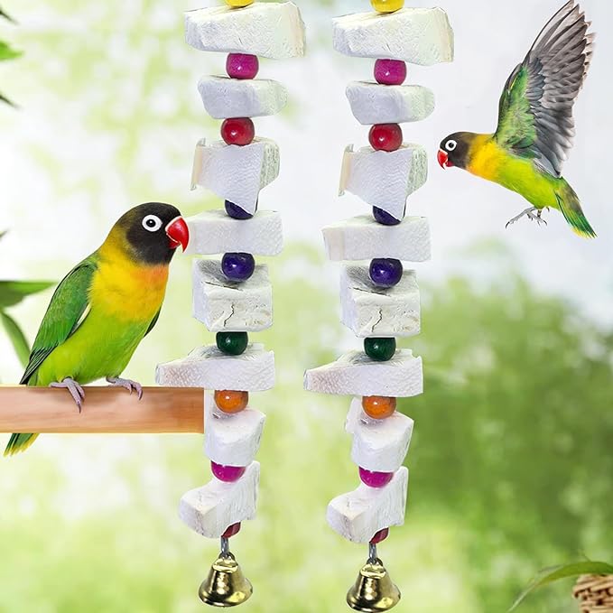 2 Pack Bird Toys, Parakeet Toys with Cuttlebone, Natural Cuttle Bone Bird Beak Grinding Stone & Parrot Chew Cuttlebone Cage Accessories with Bell for Budgie, Conure, Lovebird- 8 Pieces