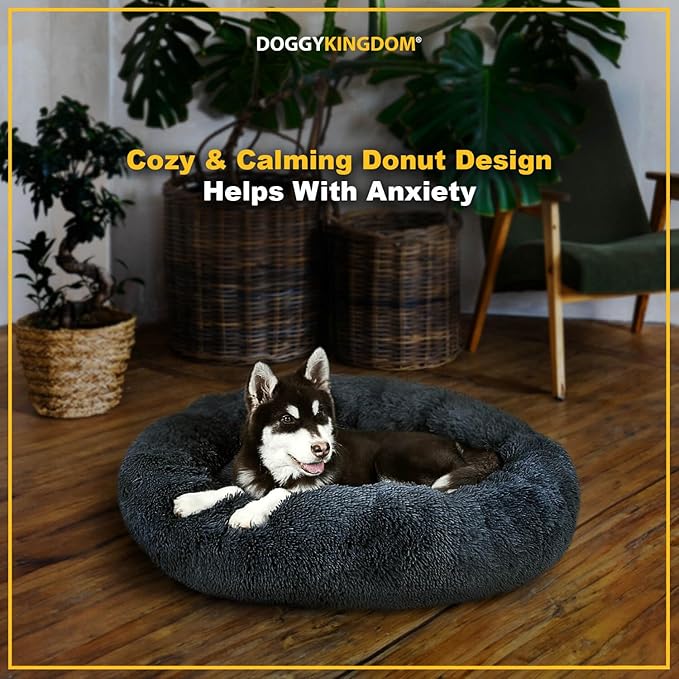 Calming Round Donut Dog Bed Pillow, Washable, Anti Anxiety, Anti-Slip, Cozy Soft Cuddler Comfort Bed with Fluffy Plush Faux Fur for Large Medium Small Sized Dog - Beige, XL 39 inch