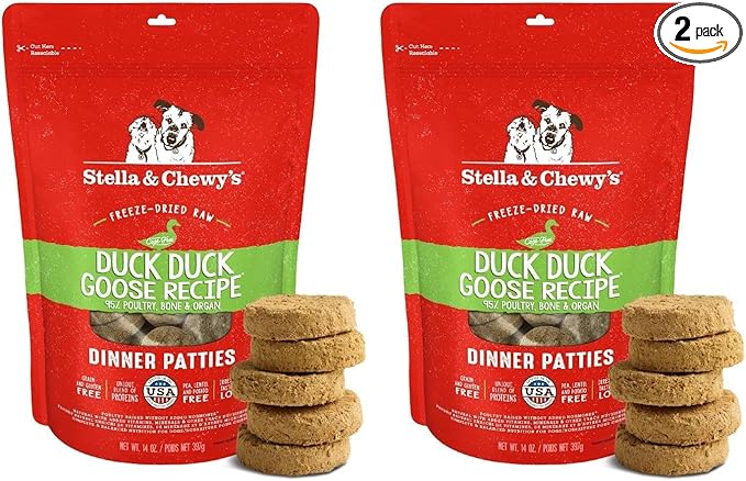 Stella & Chewy's Freeze-Dried Raw Dinner Patties - Duck Duck Goose Recipe - High Protein Grain-Free Puppy & Dog Food - Perfect for Picky Eaters - 14 oz,(Pack of 2)