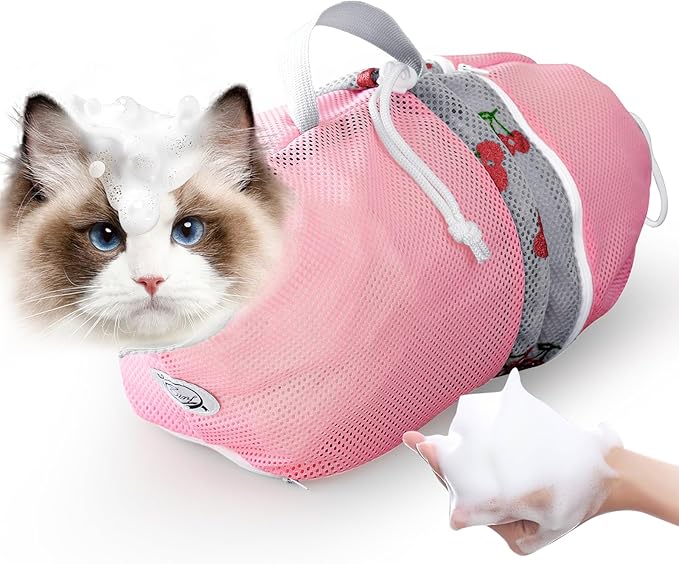 Cinf Cat Bathing Bag, Breathable Mesh Anti Scratch Adjustable Cat Grooming Bag for Nail Trimming, Bathing Soft Cat Washing Bag(Pink&Cherry) M