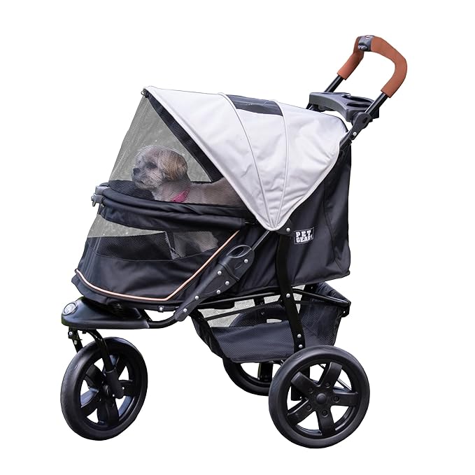 Pet Gear No-Zip AT3 Pet Stroller for Cats/Dogs, Zipperless Entry, Easy One-Hand Fold, Jogging Tires, Removable Liner, Cup Holder + Storage Basket, Platinum