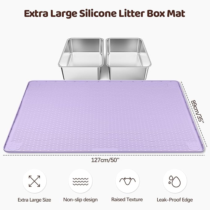 Cat Litter Mat, XXL Extra Large 50" x 35" Silicone Mat Litter Trapping Mat for Scatter Control, Soft on Kitty Paws, Easy to Clean (Purple)