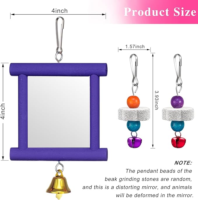 Sumind 2 Pieces Chicken Mirror Toys Hanging Swing Mirror with Bell Wooden Pecking Toy and 4 Pieces Beak Grinding Molar Stones for Hens Birds Parrots(Red,Purple)
