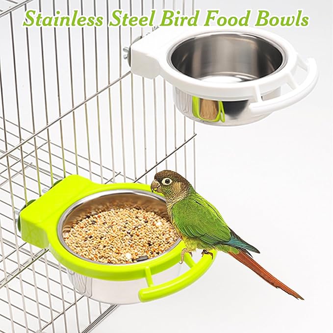 BNOSDM 2 PCS Bird Feeding Dish Cups with Perch Stand Hanging Stainless Steel Bird Bowls Food Container Food and Water Bowls with Spoon for Budgie Cockatoo Finch Lovebirds Pigeons (Green&White)