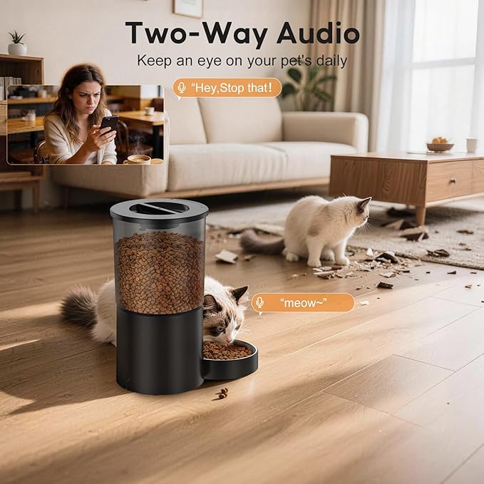 Automatic Cat Feeder with Camera,WiFi Cat Food Dispenser with App Control,1080P HD Video,Two-Way Audio, Transparent 4.2L Food Container (White)