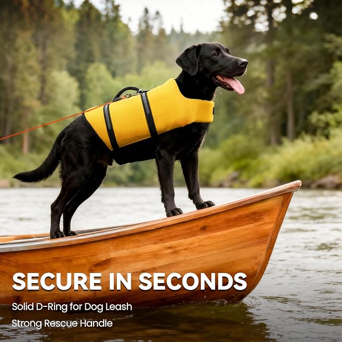 VIVAGLORY Rip Stop Dog Life Vest, Swimming Vest with Handle, Buoyancy for Doggy Puppy, Dog Life Jacket for Swimming & Boating, L, Yellow