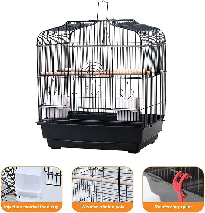 Portable Bird Travel Cage, Metal Carrier Flight Bird Cage with Food Container, Wooden Perch & Pull-Out Tray for Parrots, Canaries, Cockatiels, Lovebirds, Conures Black