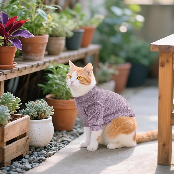 Idepet Sphynx Hairless Cats Sweater Shirt Kitten Soft Puppy Clothes Pullover Cute Cat Pajamas Jumpsuit Cotton Apparel Pet Winter Turtleneck for Cats and Teacup Chihuahua Small Dogs(Purple,XL)