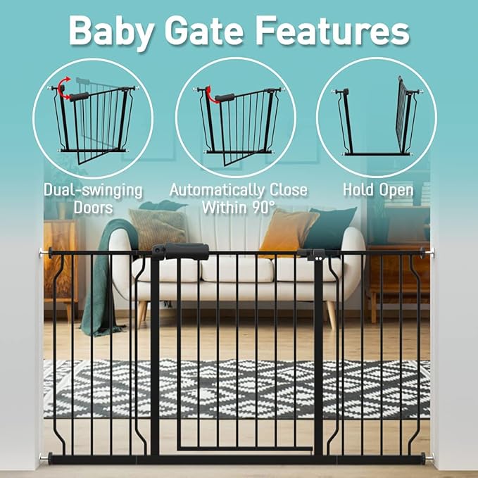 WAOWAO Baby Gate 71.65-76.38" Extra Wide Pressure Mounted Walk Through Swing Auto Close Safety Black Metal Toddler Kids Child Dog Pet Puppy for Stairs,Doorways,Kitchen