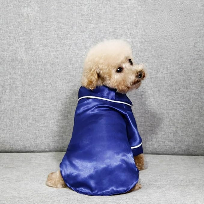 Cat Puppy Costume Elegant Satin Pajamas with Bow Headband 2PCs Set Pet Sleepwear Cute Pet Outfit Cosplay Partywear Photoshoots (Blue Set,X-Small)