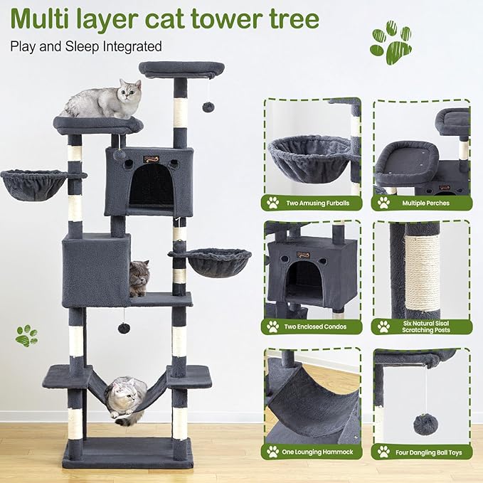 Large Cat Tree Tower for Indoor Cats Adult, 74.8 Inch Tall Large Multi-Level Tree Towers with Scratching Posts, Condo, Hammock, Bed for Big Cats, Modern Cat Trees Furniture Heavy Duty (Dark Gray)