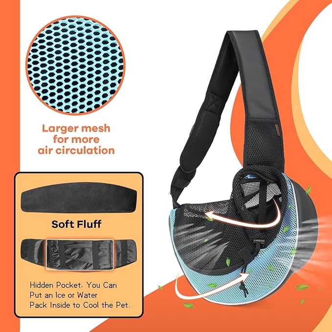 YUDODO Pet Sling Carrier for 5-9 lbs Small Dogs & Cats – Hands-Free Puppy Carrier with Safety Hook, Large Zipper Pocket, Soft Breathable Mesh, Adjustable Strap & Reflective Strip (Cyan 3.0 M)