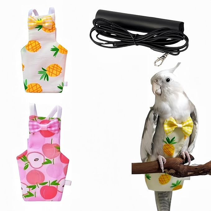 2 Pcs Bird Diapers Bird Harness Flight Suits Diapers with 80in Flying Leash Reusable Parrot Nappy with Waterproof Inner Layer for Cockatiel Budgie Conure Parakeet Lovebird-Apple&Pineapple