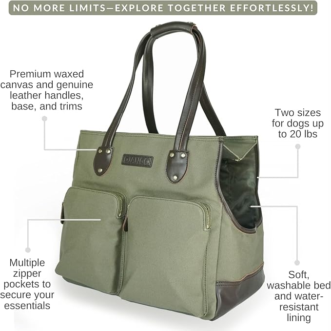 DJANGO Waxed Canvas & Leather Dog Carrier Tote Bag – Premium Soft-Sided Travel Dog Purse with Safety Leash, WR Lining, Zipper Pockets – Everyday Pet Carrier for Small Dogs up to 20 lbs (Olive, Large)