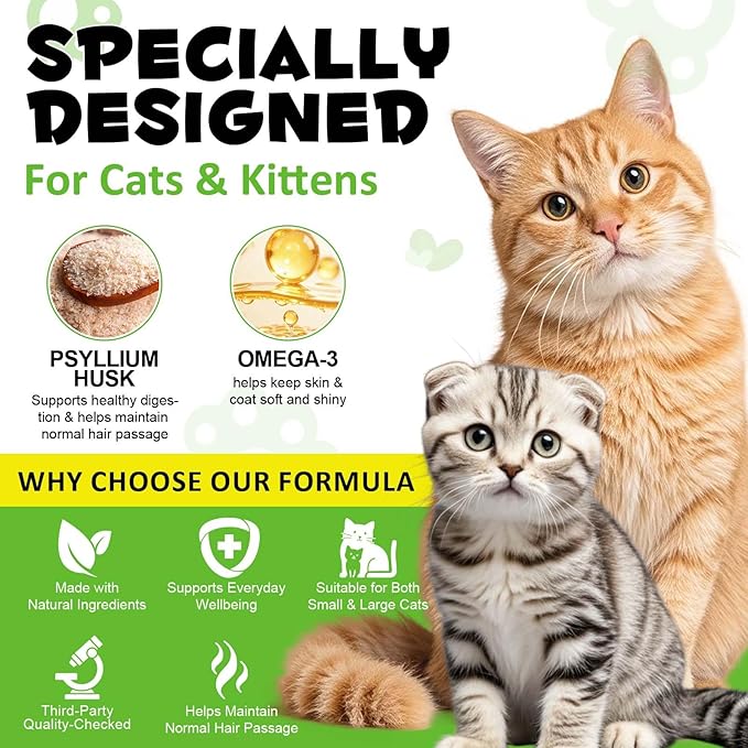 Hairball Control Cat Treats - Cat Hairball Remedy & Relief for Cats - Cat Hairball Control with Psyllium Seed Husk and Vitamins, Promotes Skin & Coat, Digestive, Urinary Health (2 Pack 200g)